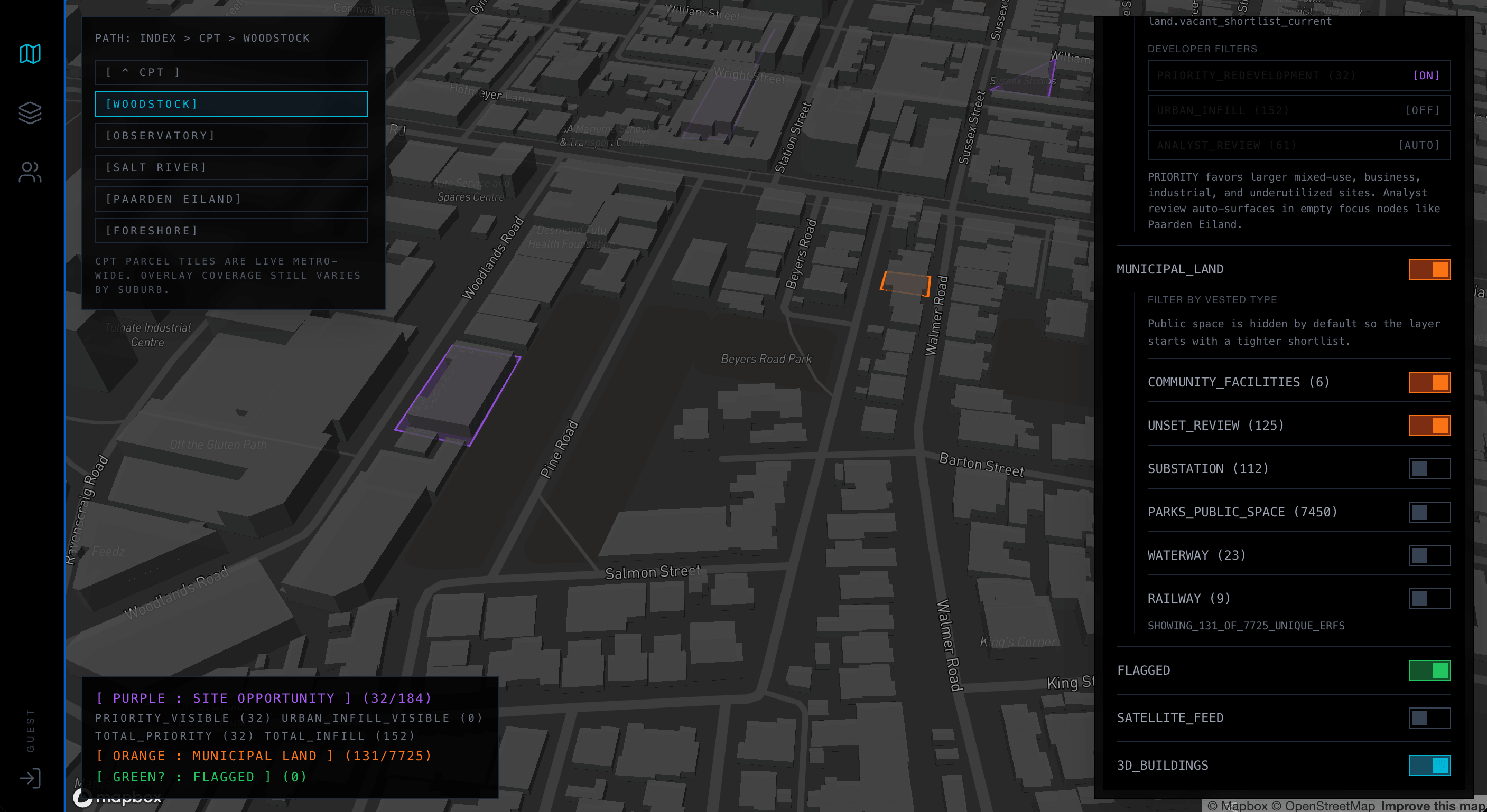 A dark urban planning interface highlighting parcel and redevelopment opportunities for Spatial Intelligence.