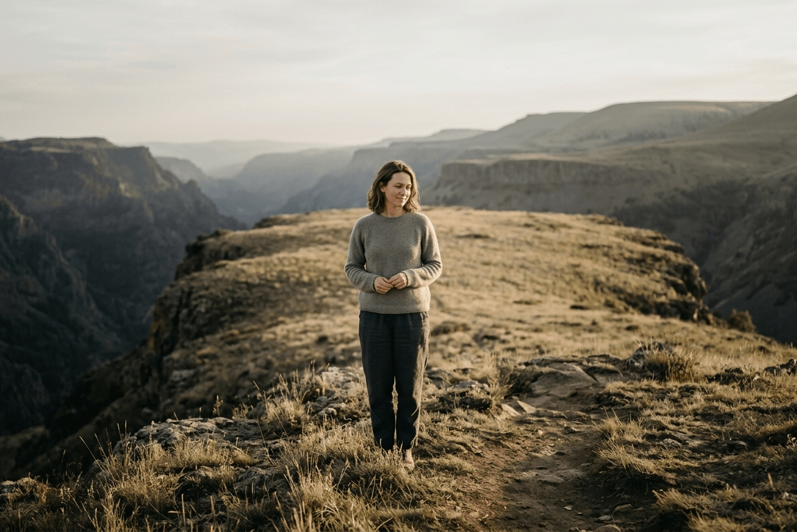 A calm figure standing on high ground between wide shadowed valleys.