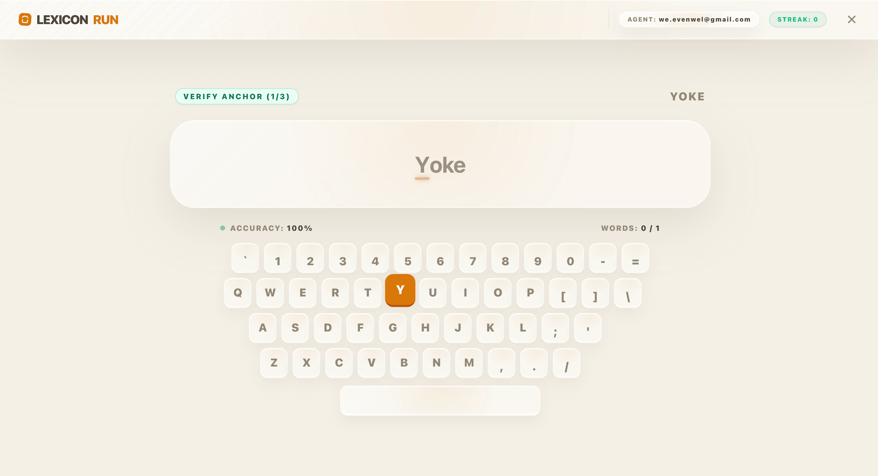 The LexiconRun interface showing a word recall exercise with a custom keyboard and accuracy tracking.