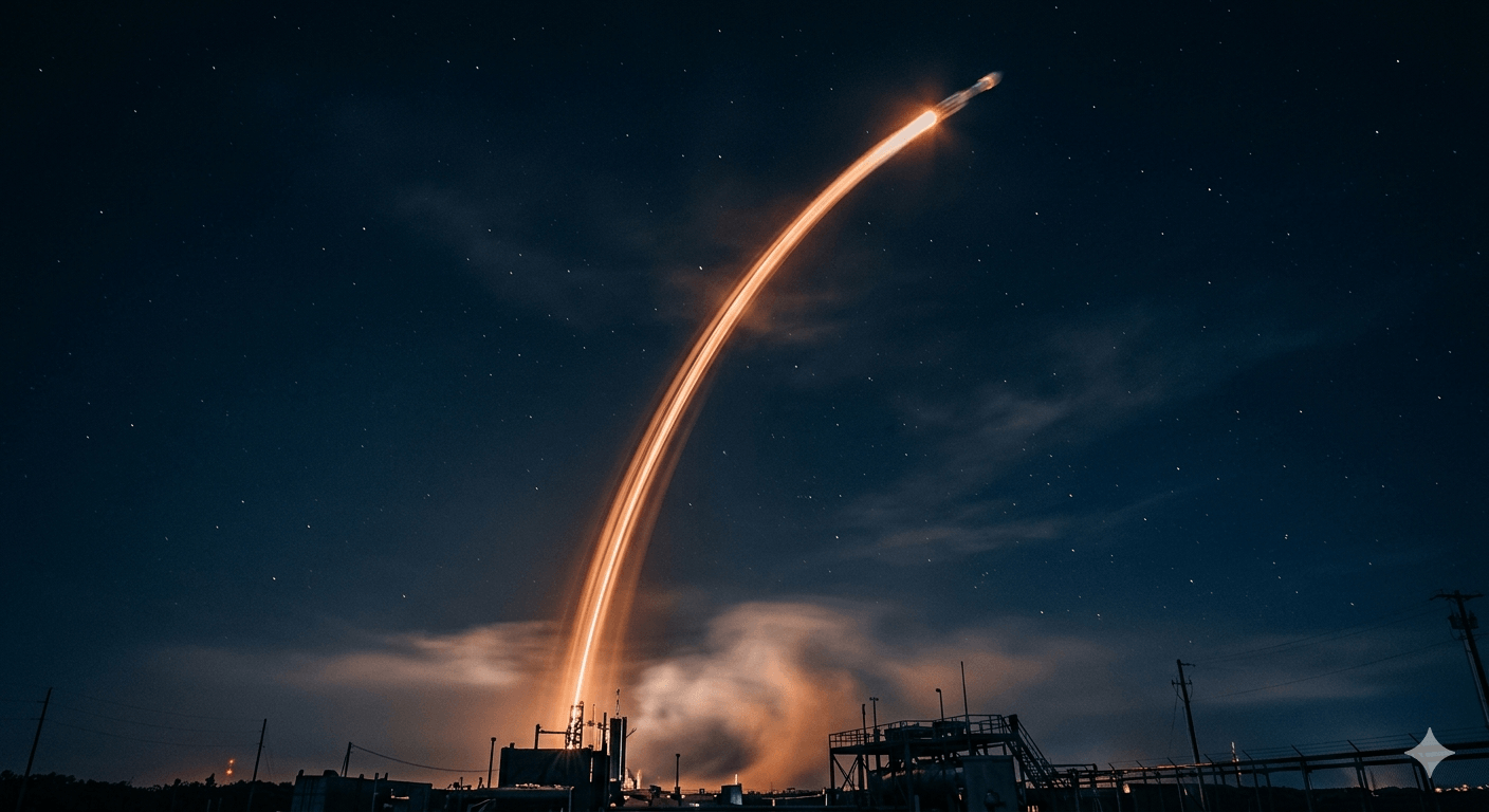 A long-shutter rocket launch carving a glowing arc through the night sky.