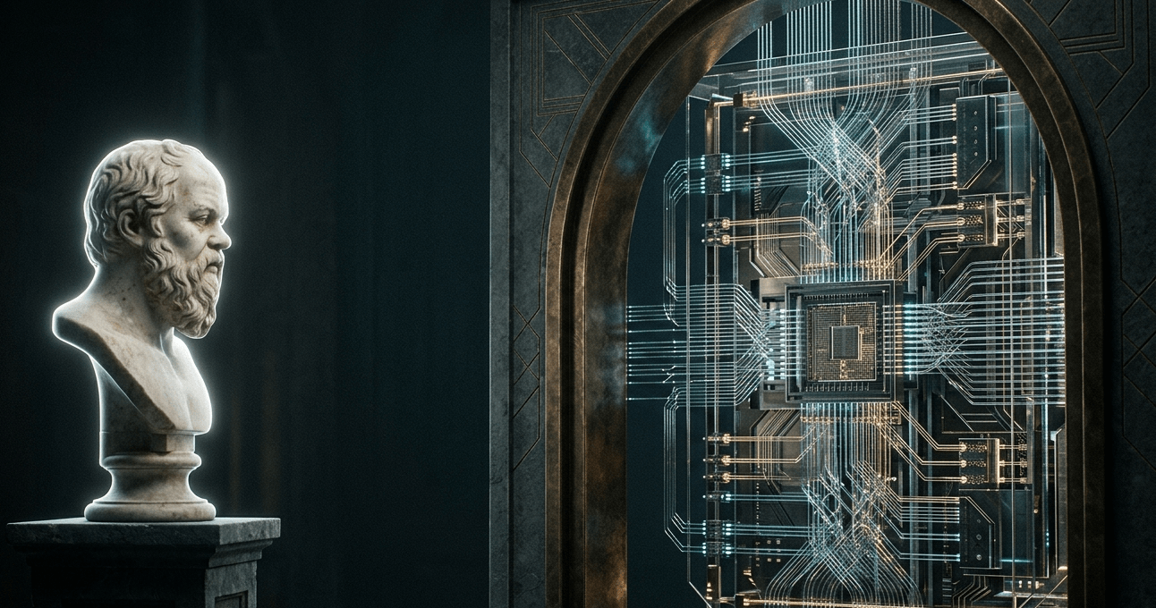 A classical bust facing a luminous machine architecture framed like a portal.